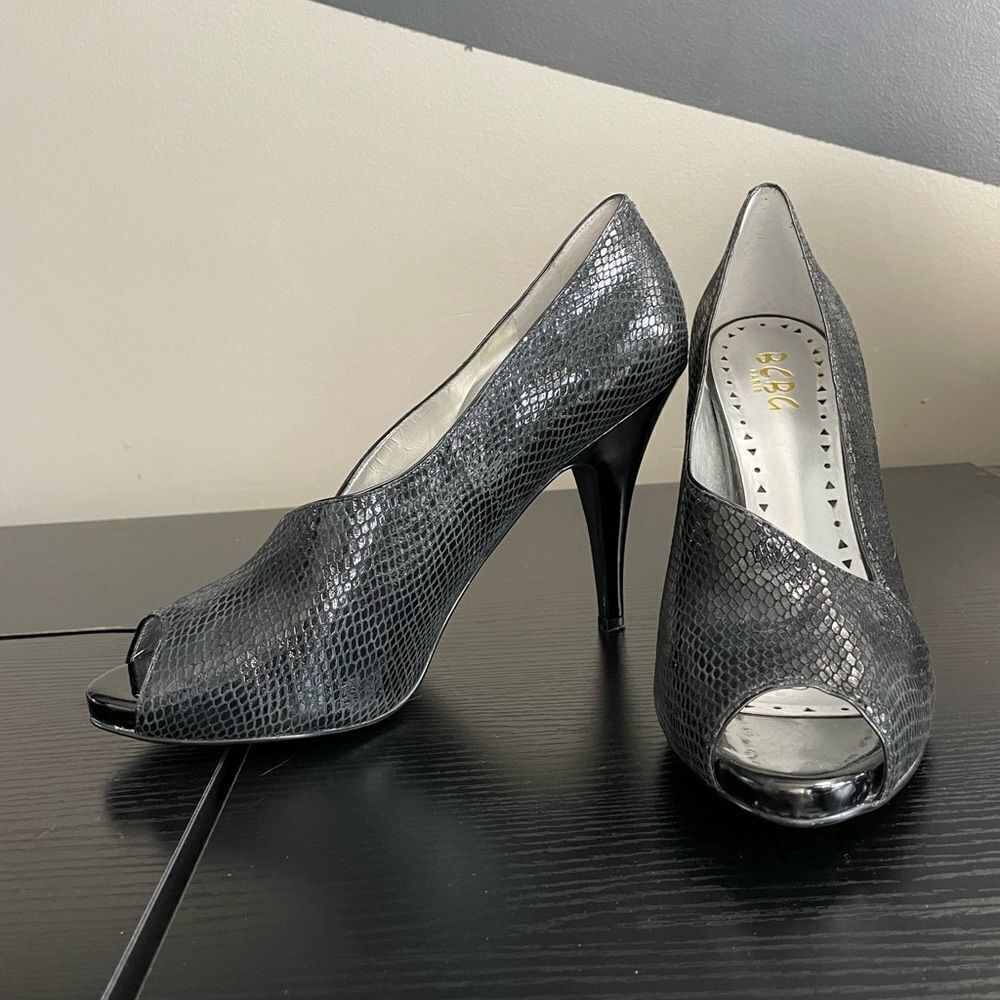 BCBG Paris Leather Snakeskin Print Peep-Toe Heel, 10